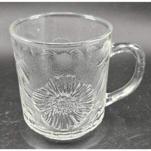 Vintage KIG Clear Tropical Floral and Palm Tea Cup Coffee Mug 3.5 In Tall 1980s